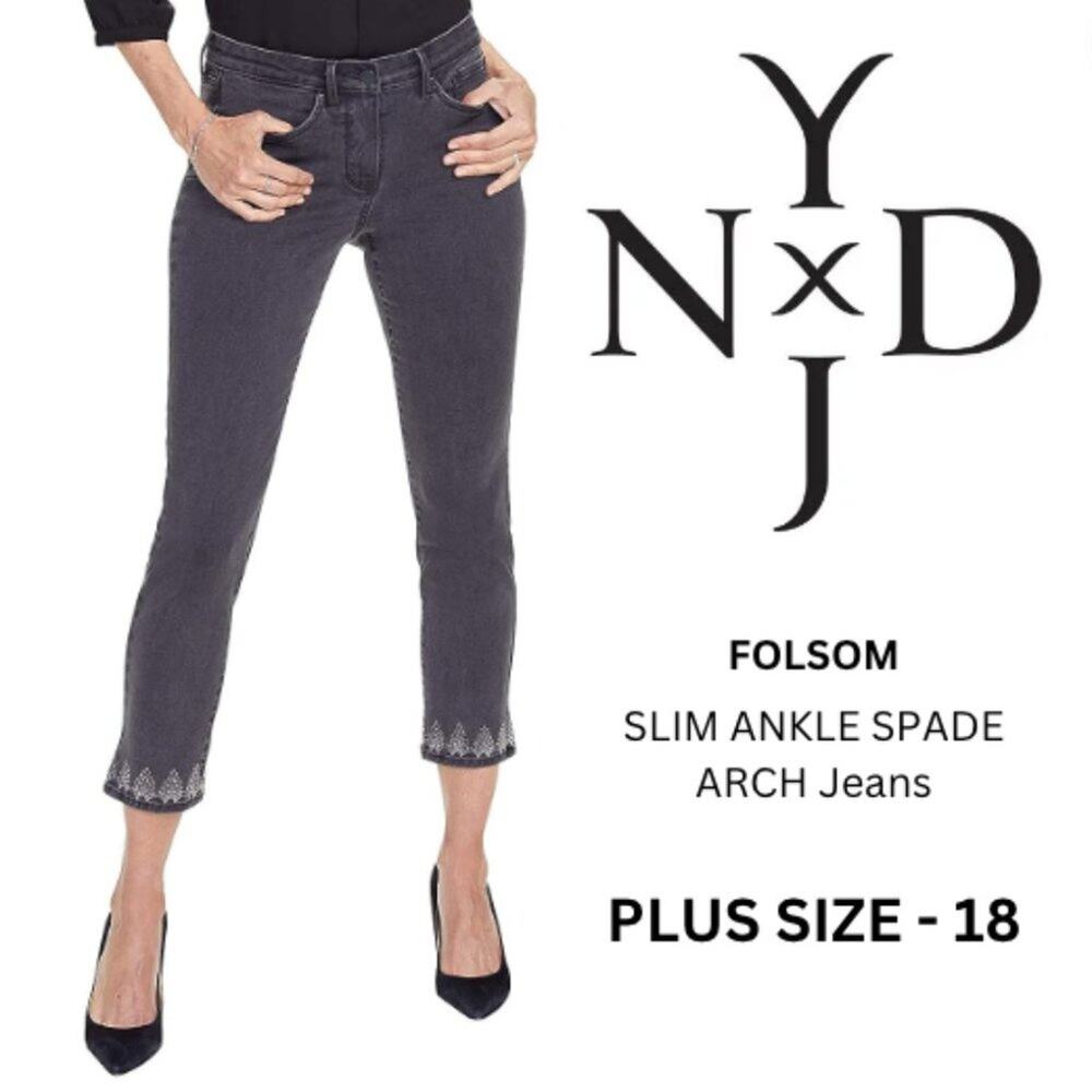 NEW = NYDJ - FOLSOM - SLIM ANKLE SPADE ARCH Jeans Embroidered Studded Black 18